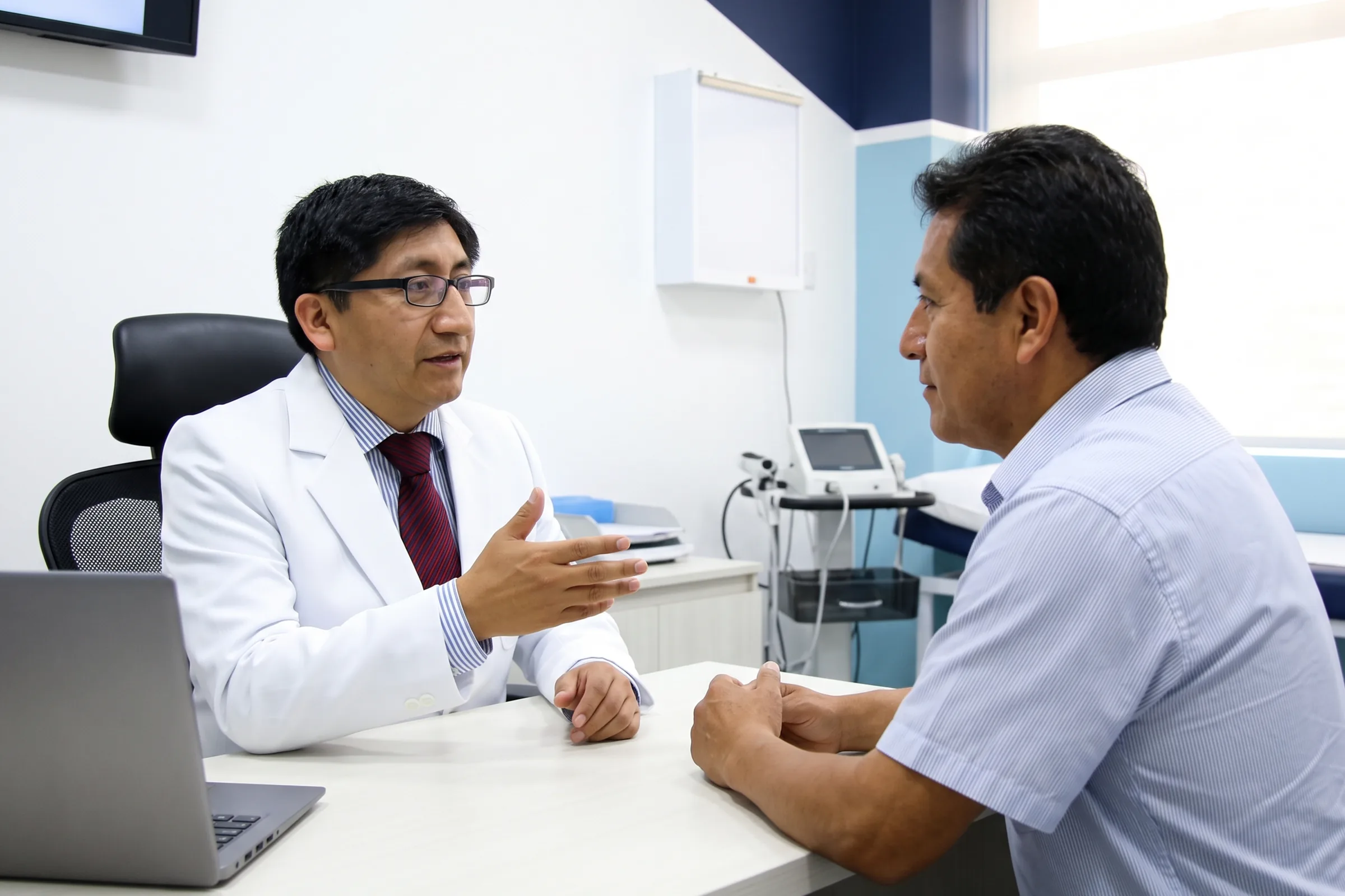 Dr. Juan Corral atendiendo a un paciente en su consultorio